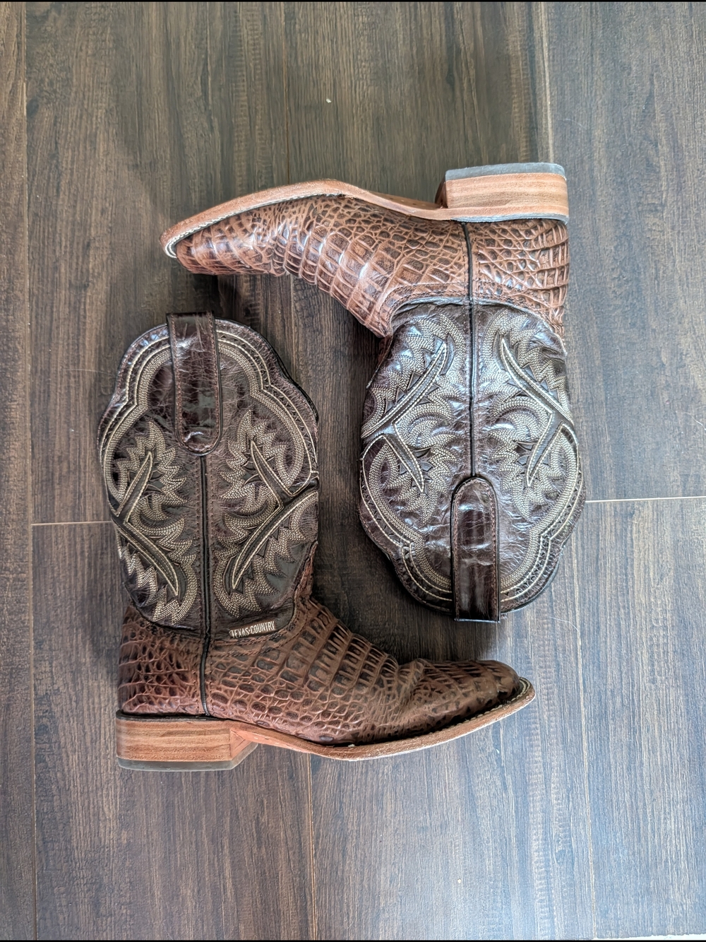 TEXAS COUNTRY Men's Brown Crocodile Leather Square Toe Western Cowboy Boots